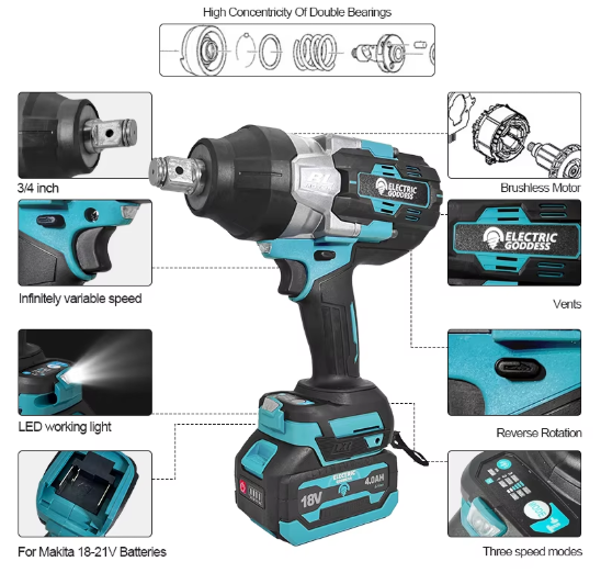 Impact Wrench Battery 4Ah - آلهة كهربائية زرقاء لاسلكية لتقوم بها